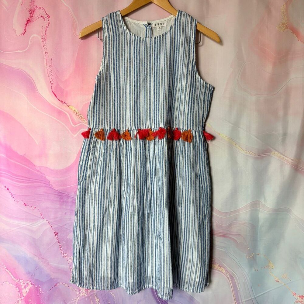 THML S Blue White Vertical Stripe Dress Pockets Patriotic Luxury Preppy Artsy